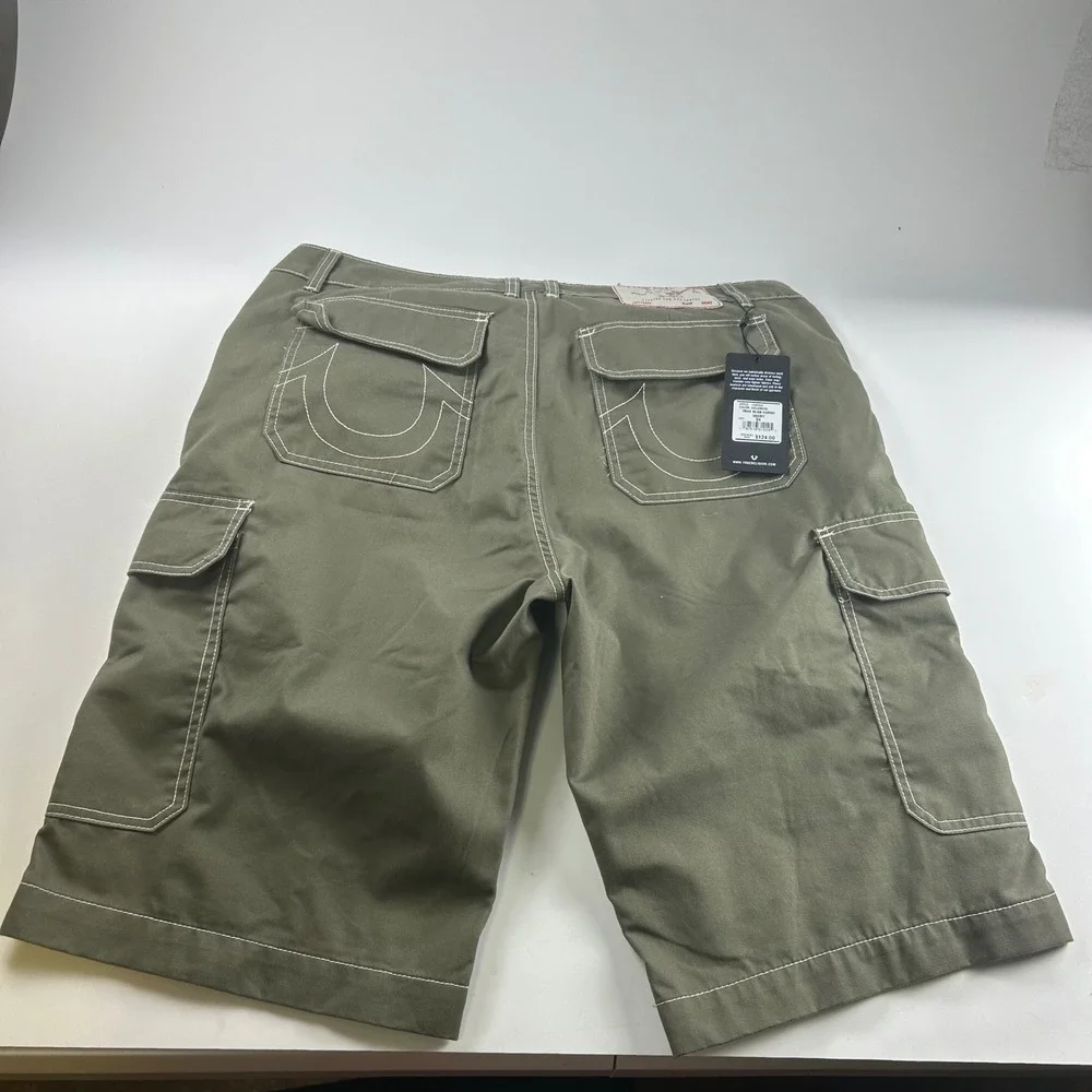 True Religion Mens 34 Kalamata Cargo Shorts Olive Green Contrast Stitch NEW Y2K